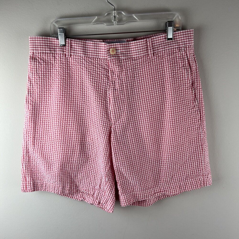 Southern Tide Skipjack Blue Gingham Check Seersucker Pink/White Shorts Men Sz 35